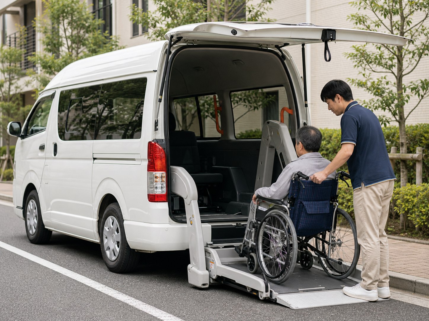ハイエース福祉車両のリフトで車いす利用者を案内する場面